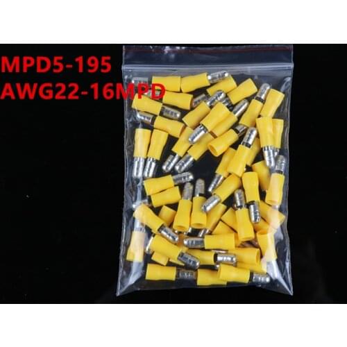 MPD5-195 yellow Bullet Shaped Female Insulating Joint Wire Connector 4-6mm2 Electrical Crimp Terminal AWG22-16MPD