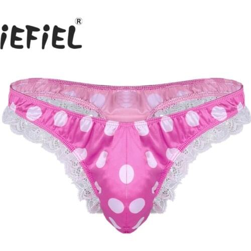IEFiEL Newest Mens Lingerie Male Fashion Shiny Satin Low Rise High Cut Ruffle Lace Polka Dots Bikini G-string Thong Underwear