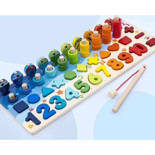 Montessori Educational Wooden Toys Children Busy Board Math Fishing Childrens Wooden Preschool Montessori Toy Counting Geometry