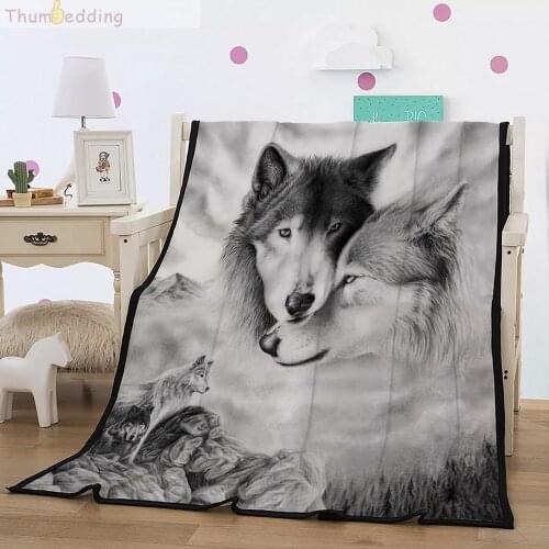 Thumbedding Couple Wolf 3D Flannel Blanket Animal White Black Throw Blanket Comfortable Material Soft Touching Bedspread