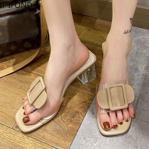 IF IFOND Transparent PVC Big Buckle Slippers Women Outdoor Casual Open Toe High Heels Slides Woman Fashion Party Shoes Ladies