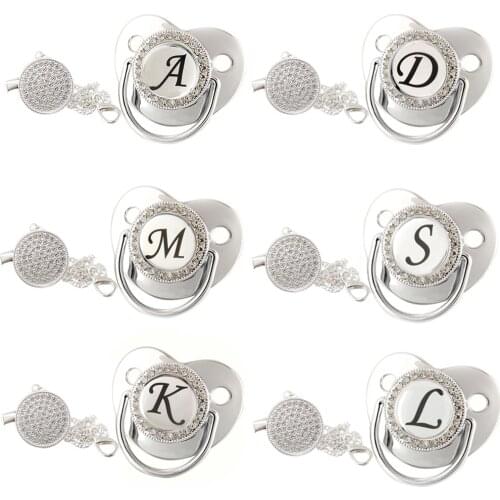 26 Name Initial Letters Silver Baby Pacifier Clips Chain Silicone Infant Nipple Bling Newborn Dummy BPA Free Baby Soother
