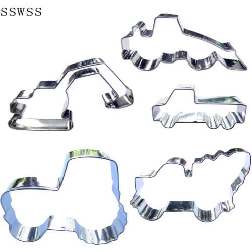 Five Engineering Car,Truck,Excavator,Bulldozer,Tractor,Cement Car Cookie Cutters Baking Molds,Cake Decorating Fondant Tools