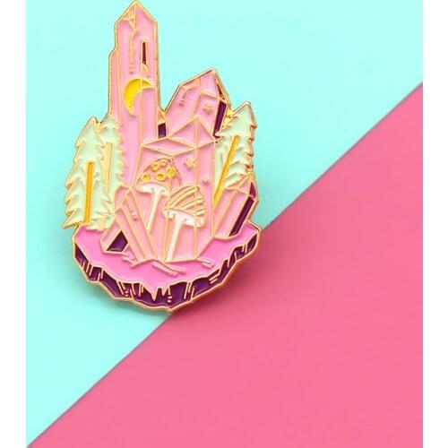 Tall Mushrooms On Crystal Icebergs Under The Stars Hat Badge, Stylish Cartoon Ideas Women Brooch Enamel Label Pins