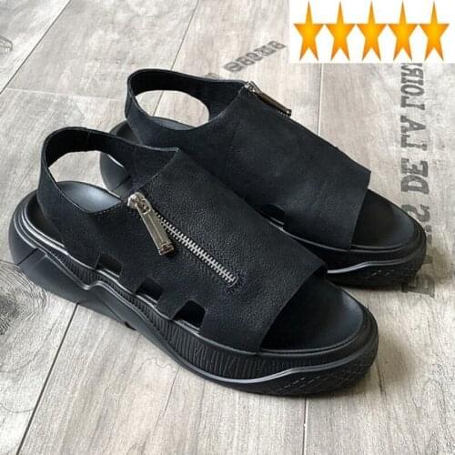 Beach Summer Platform Mens Thick Sandals Zipper Genuine Leather Sansals Streetwear Casual Shoes Flats Gladiator Sandalias Black