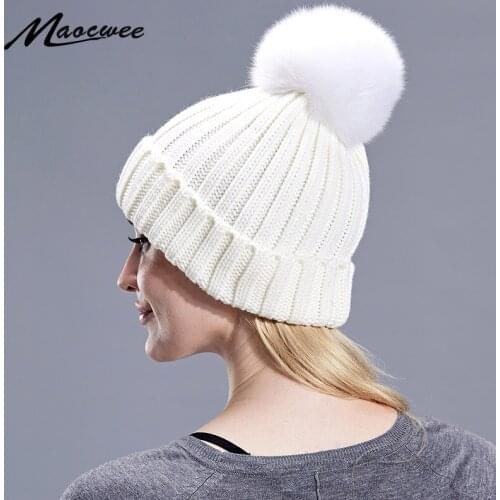 PomPon Hat Real Fox Fur Ball White Children Adult Cap Beanies Knitted Skullies Hats Autumn Winter Warm Colour Generous Concise