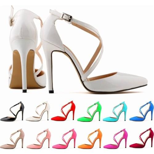 Summer Fashion Cross Buckle Womens Party Sandals Pointed Toe Solid Patent Leather High Heels Shoes Sexy Large Size Women Shoes