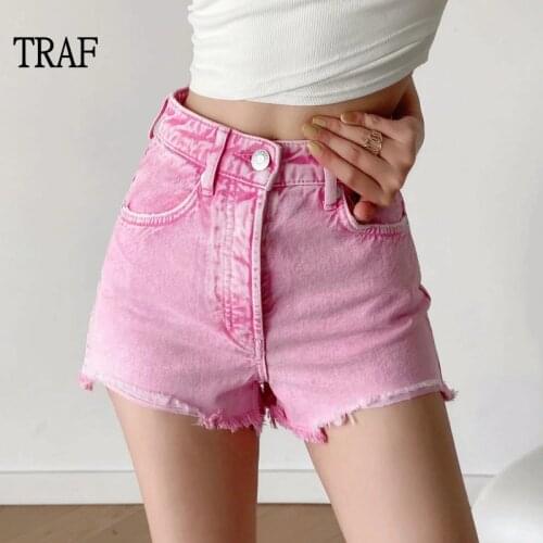 TRAF Women Shorts Za 2021 Summer Pink High-Waisted Short Jeans Woman Casual Shorts Korean Style Chic Pocket Mini Short Jeans
