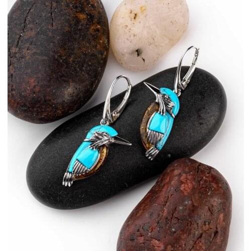 Bluebird Earrings Nature Animal Themed Turquoise Ear Pendant with Large Ring Retro Style Enamel Decor for Women BH