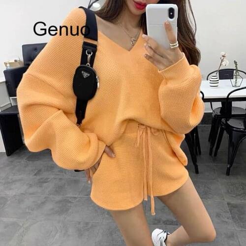 Knitted Two Piece Set Women V Neck Lantern Sleeve Sweater Lace Up Bowknot Shorts Suits Female 2020 Fashion Clothes New
