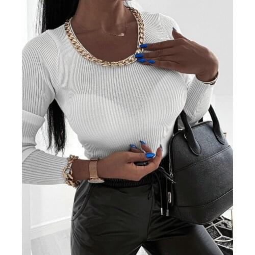 Solid O-Neck 2020 Autumn Winter Black Khaki Female Knitted Tops Clothing Sexy Women Long Sleeve Bodycon Chain Shirts G2159