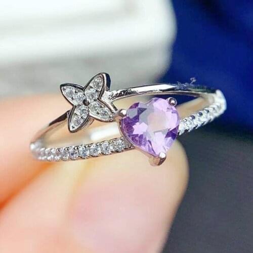 Natural real amethyst flower love heart ring Per jewelry 925 sterling silver 6*6mm 0.7ct gemstone Fine jewelry Women ring T21481