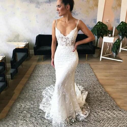 Thinyfull Spaghetti Straps Sexy Backless Wedding Dresses Mermaid Bride Dresses Tulle Lace Appliques Vestido De Novia 2020