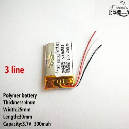 10pcs/lot 3 line Good Qulity 3.7V,300mAH,402530 Polymer lithium ion / Li-ion battery for TOY,POWER BANK,GPS,mp3,mp4