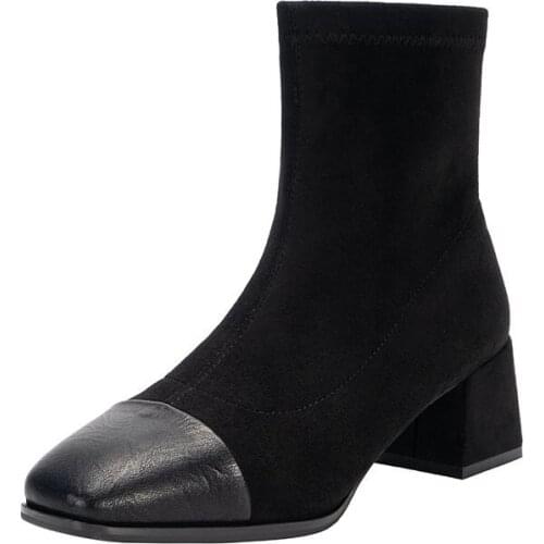 Brand Beige Ankle Boots Women Stretch Fabric Patchwork Square Toe Calfskin Shoes Female Handmade Nice Winter Ladies Chelsea Boot