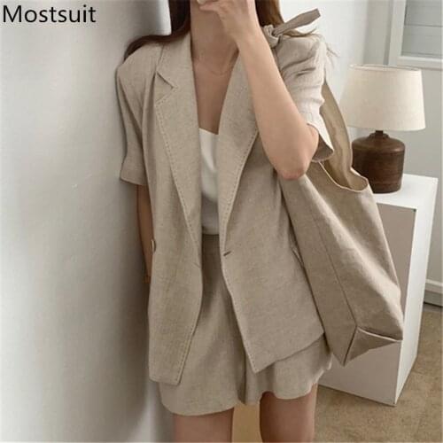 Summer Korean Two Piece Blazer Set Women One-button Short Sleeve Blazer + Shorts Suits Korean Workwear Female Matching Suit 2021