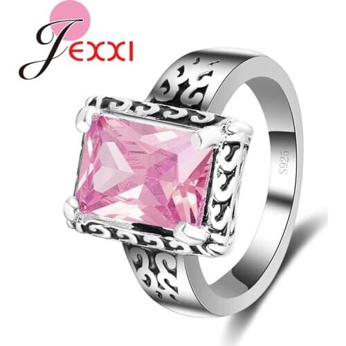 Fashion Woman Brand Wedding Ring 925 Sterling Silver Finger Jewelry Simple Big Pink Crystal Cubic Zirconia Jewelry