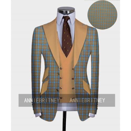 2021 Latest Designs Plaid Business Men Suit 3Pcs Stylish Slim Fit Dinner Party Prom Tuxedo Blazer Double Breasted Vest Pants Set