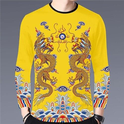 Mens long-sleeved casual t-shirt plus size base shirt 3d double dragon pattern mens shirt fashion mens clothing
