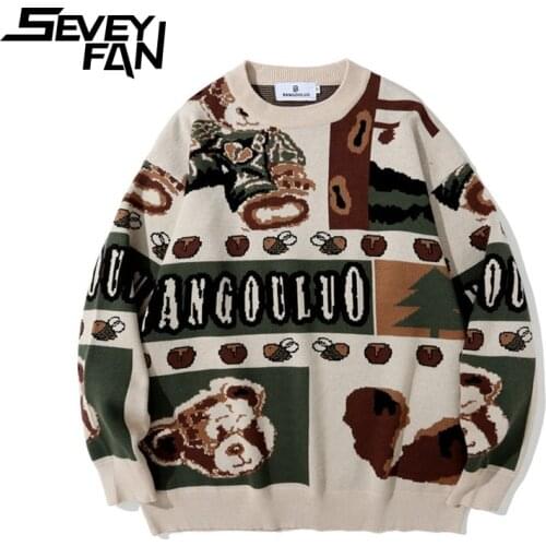 SEVEYFAN Mens Vintage Jacquard Sweaters Color Contrast O Neck Kintwear Hip Hop Pullover Sweater for Couples