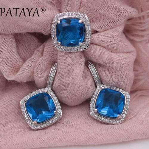 PATAYA Bride Wedding Jewelry Sets Square Blue Natural Zirconia True White Gold Big Earrings Ring Romantic Zircon Costume Jewelry