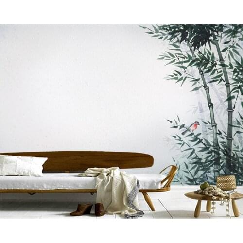 Papel de parede Ink painting of the little bird in bamboo forest wallpaper mural,living room bedroom wall papers home decor