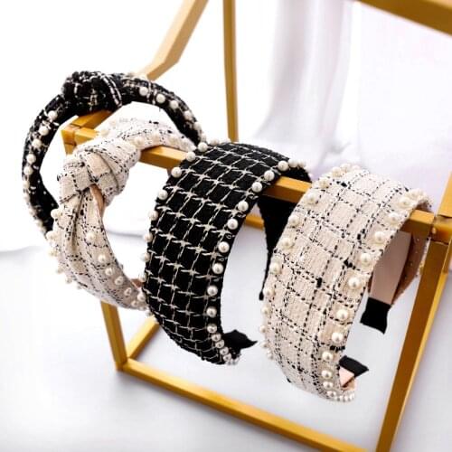 Korean Fabric Plaid Hairbands Vintage Retro Pearl Ethic Headbands For Girls Women Hair Bows Accessories Wholesale Office Lady