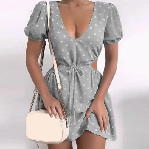 Women A Line Dress Deep V Polka Dot Print Soft Elegant Sexy Women Hollow Waist Dress for Dating dresses woman summer 2021