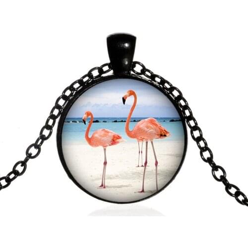 Romantic Pink Flamingo Necklace Cute Cartoon Art Photo Glass Cabochon Pendant Necklace for Women Party Clothing Accesories