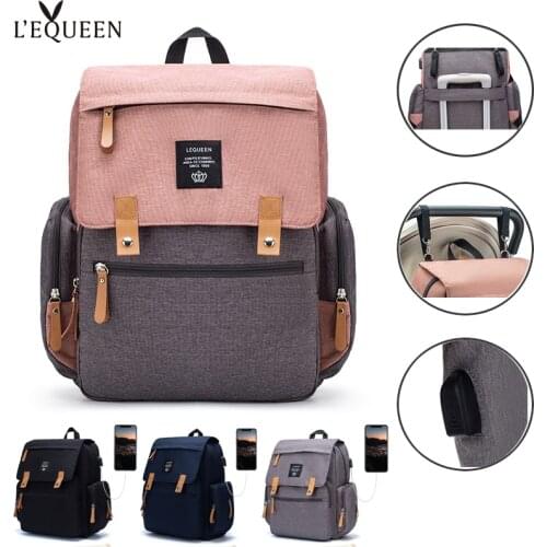 LEQUEEN Mommy Diaper Bags with USB Mother Large Capacity Travel Nappy Backpacks with changing mat Convenient Baby Nursing Bags