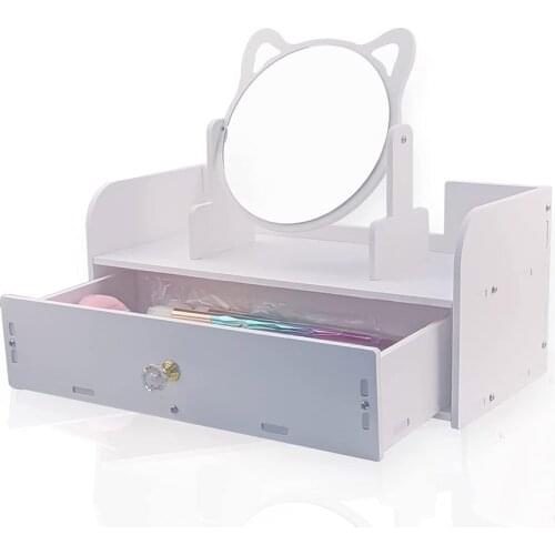 Rotate Wooden Cute Make-up Mirror DIY Installation Assembly Desk Dressing Mirror Women Portable Large Cosmetic Storage Box Shelf