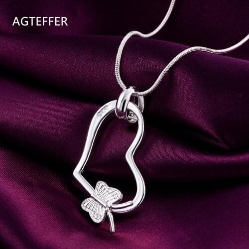 、AGTEFFER 925 Sterling Silver 18 Inch Snake Chain Heart Butterfly Pendant Necklace For Women Fashion Wedding Party Charm Jewelry
