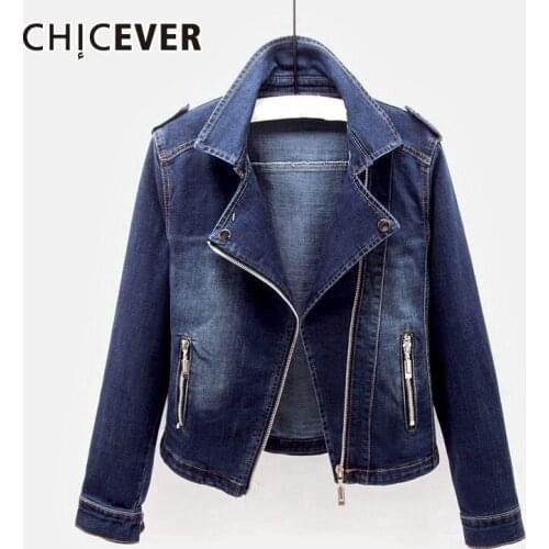 CHICEVER Casual Denim Coat For Women Notched Long Sleeve Botton Zipper Streetwear Fashion New Jackets Female 2021 New