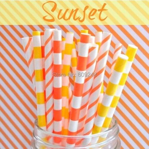 100pcs Mixed Colors Sunset Yellow and Orange Striped Paper Straws,Wedding Party Shower Reception Celebrations