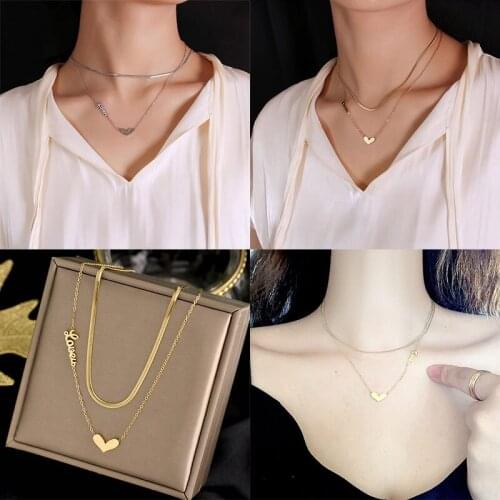 2 Layer Heart Love Snake Chain Jewelry New Women Titanium Steel Pendant Necklace