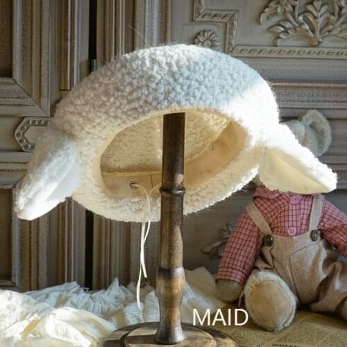 Original design sheep ear plush beret lamb wool Lolita hand-made