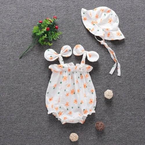 Baby Girls Jumpsuits Toddler Summer Clothes Floral Printed Ruffle Bow Princess Strap Rompers+Hat 2 PCS Sets Kids Bodysuit 0-24M