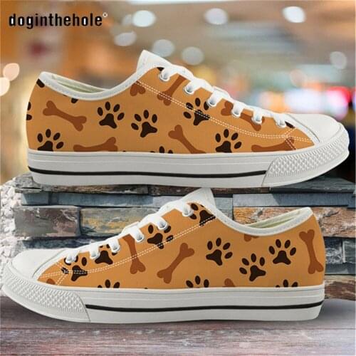 Doginthehole Dogs Paw Bone Print Flats Shoes Women Lightweight Canvas Shoes for Ladies Casual Low Top Footwear For Woman Autumn