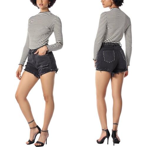 Breathable Ladies Ripped Denim Shorts, Summer Girls Fashionable High Waist Beaded Loose Jeans Female Casual Short Trousers