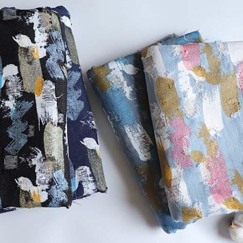 Fancy Jeans Fabric With Holes Graffiti Printed Denim Fabrics For Sewing Blazer Pants Fashion DIY Needlework Tissus 50X150cm