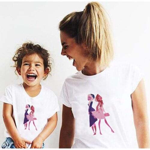 Mommy And Me T Shirt Summer New Short Sleeve Casual White O-neck Tshirts Mother Daughter Kids Girls Tee Shirts Harajuku Tops
