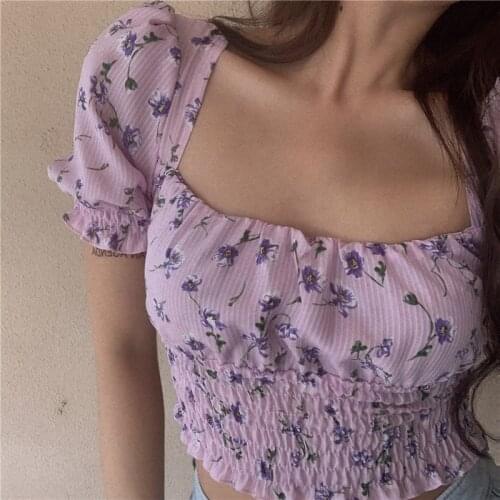 Off Shoulder Square Puff Sleeve Ruffle Ruched Stretch Cute Flower Vintage T-Shirt T Shirt Women Sexy Crop Top Slim Blusas Korean