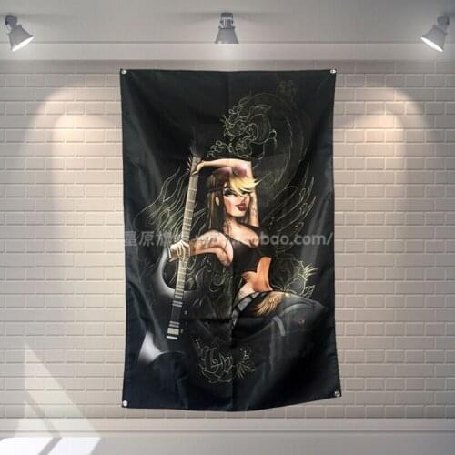 "Guitar girl" Large music festival Party background decoration poster banner hanging painting cloth art 56X36 inches
