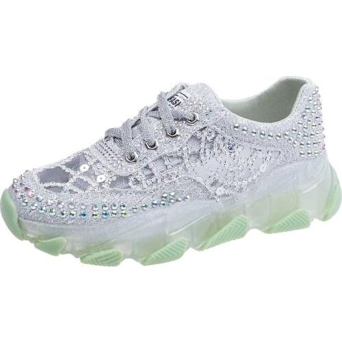 Summer Womens Chunky Sneakers Fashion Women Platform Shoes Lace mesh diamond Lace-Up Vulcanize Shoes Female Trainers Dad Shoes