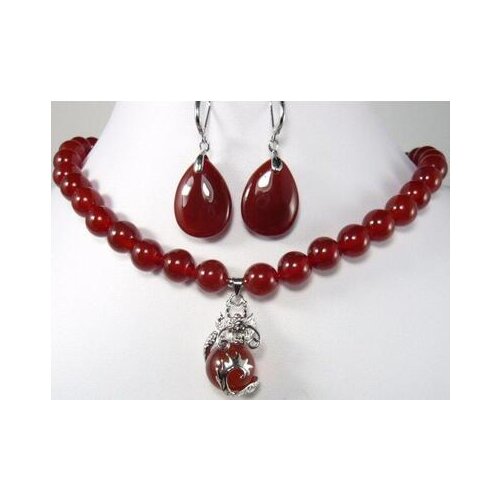 Jewelry Hot sell ~~ Real natural fine red gem necklace +dragon pendant & heart gem earrings set gem womens jewelry ladys
