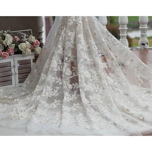MLAEY ivory + champagne + gold Vintage Embroidered Lace Fabric with floral , Wedding Gown Lace Trim