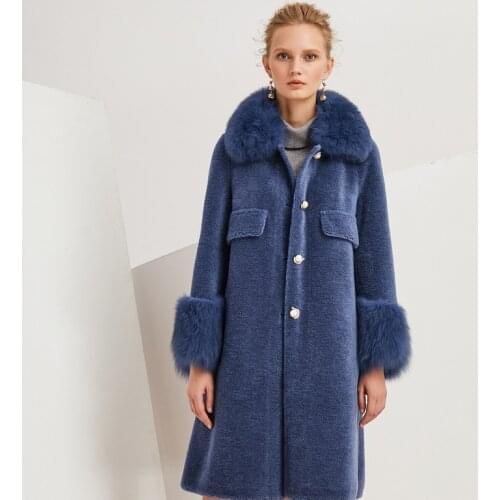 Fashion High Quality Sheep Shearing Coat 100% Genuine Wool Fur Jacket Fox Fur Collar Womens Fur Coat Casacos Feminino Zjt449