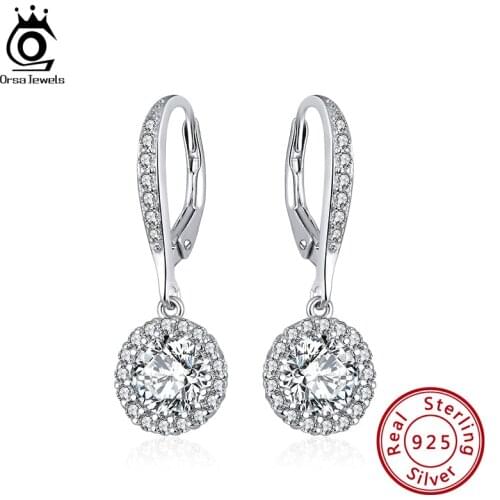 ORSA JEWELS 925 Sterling Silver Drop Earrings Women Jewelry Accessories S925 Silver Clear Round AAAA CZ Earrings Jewelry SE243