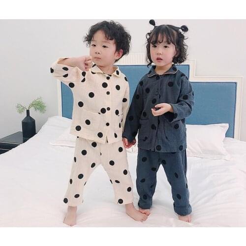 Kids Pajamas Sets Autumn Spring Boys Girls Sleepwear Suits Top+pants 2pcs Long Sleeve Polka Dot Casual Childrens Clothes Y54