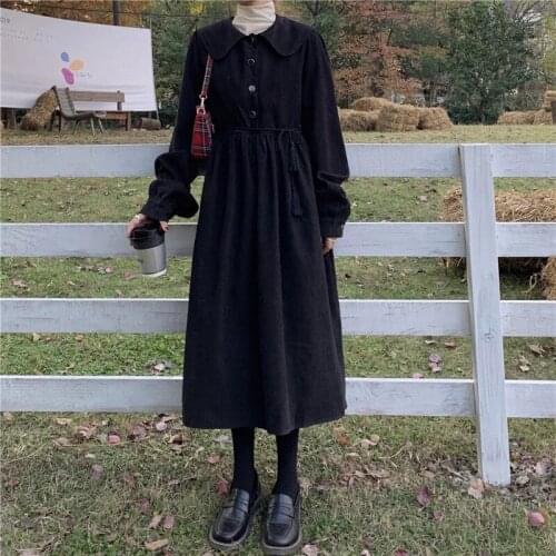 Women Black Elegant Stylish Sweet Retro Chic Sashes Corduroy Princesses Brief Soft Long Dress